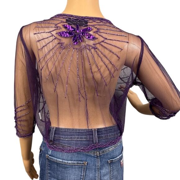 Vintage Y2K Beaded Sheer Jacket Floral Pattern Sequins Dark Purple Whimsygoth - Picture 3 of 8